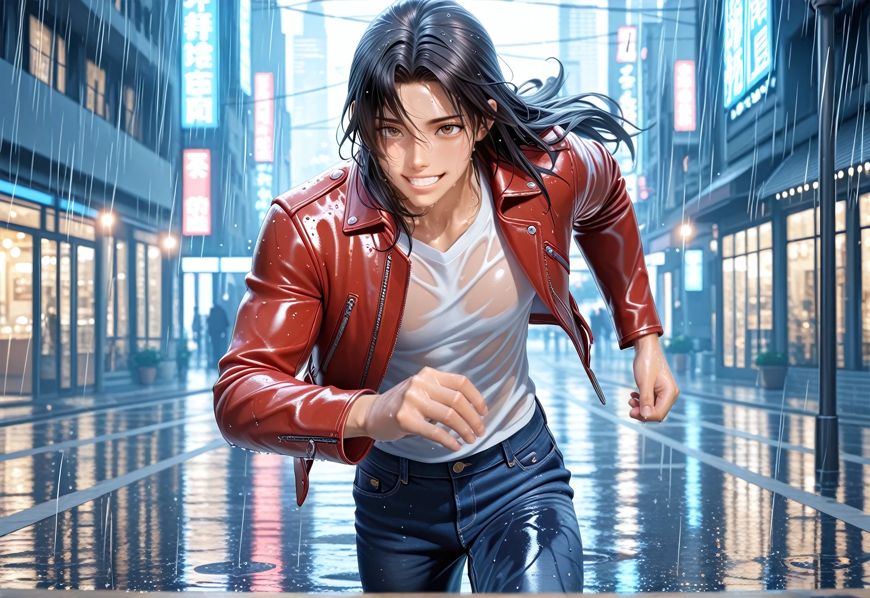 masterpiece, best quality, amazing quality, very awa, intricate details, absurdres, male focus, 3d, scenery. a young man with black long and hair brown eyes wearing a red leather jacket and a dark blue denim jeans running the street of tokyo during a rainy afternoon. 1boy, solo, manly, long hair, smiling, open jacket, running, city lights, metropolitan area, rain, afternoon, wet clothes, wide shot. detailed hands, best hands, detailed face, detailed eyes