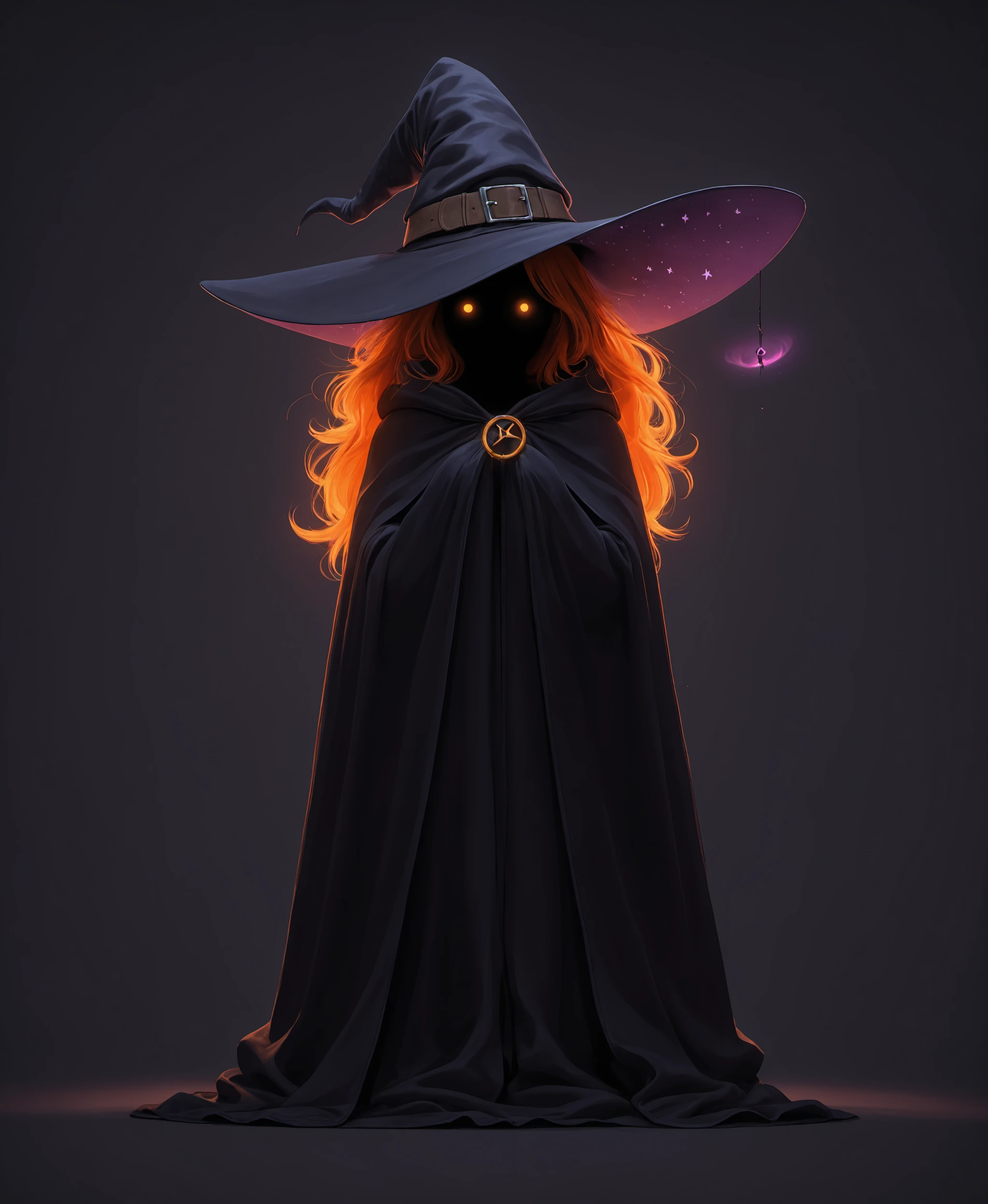high_quality, highres, high_detail, beautiful, detailed, masterpiece, best quality, absurdres, 8k, HDR, shadow play,
expressive, cinematic, titled angle, simple background,
beautiful witch-girl, slumped witch hat, orange hair, cloak, haunting, shadowy,