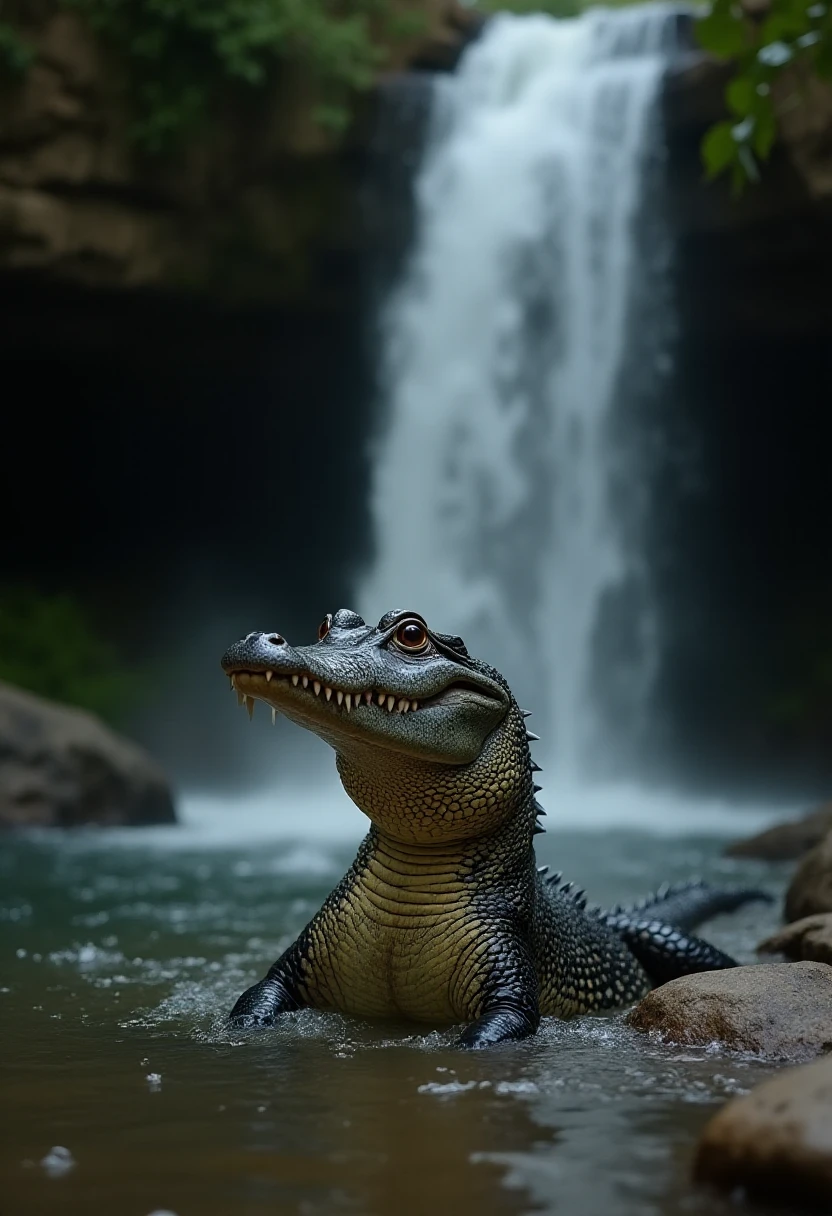 a epic nature photo showing a alligator emerging from the water by a waterfall