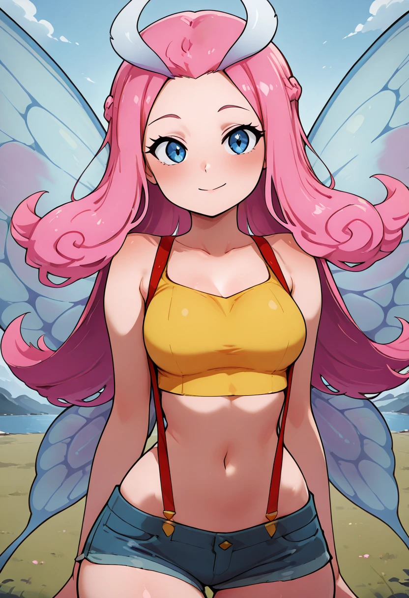 gal,Glittery earrings,pink glowing tattoo,Long pink hair,blue eyes,one piece,whole body,Night view