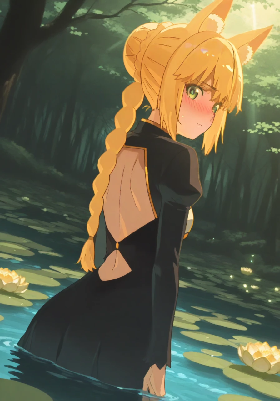 1girl, animal ears, back cutout, blonde hair, blush, braid, closed mouth, clothing cutout, dappled sunlight, forest, from behind, gold trim, in water, light rays, lily pad, long hair, long sleeves, looking at viewer, looking back, nature, nose blush, oekaki, outdoors, shadow, solo, sunbeam, sunlight, wet, wet clothes, BREAK character_concept, cowboy_shot, (dutch_angle:1.25), masterpiece, best quality, amazing quality, very aesthetic, absurdres, modern, recent, newest, <lora:FateGO-Memorial2023_IL_Style_epoch_6:0.8> F4t3M3m0, <lora:FateGO-Memorial2023V2_IL_Style_epoch_6:0.8> F4t3M3m0V2, fantasy, novel illustration, cover image, <lora:FateGO-Memorial2023_IL_Concept_epoch_7:1> F4t3M3m0C