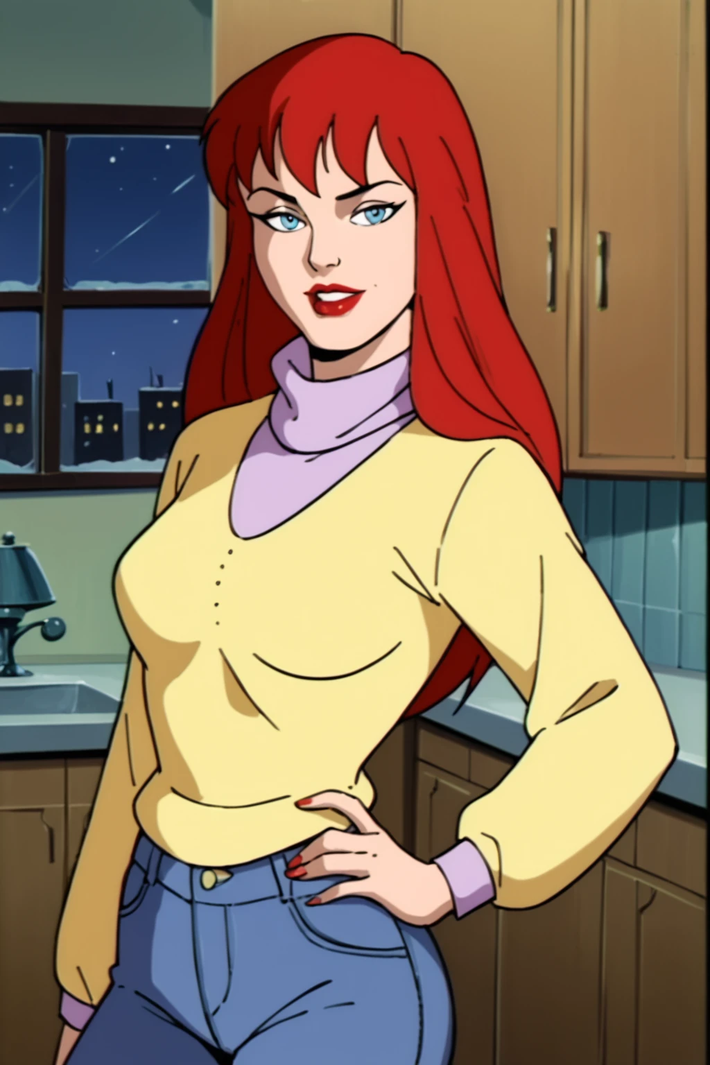 absurdres, mary jane watson, upper body, yellow sweater with purple turtleneck <lora:Mary Jane Watson_v1:1>