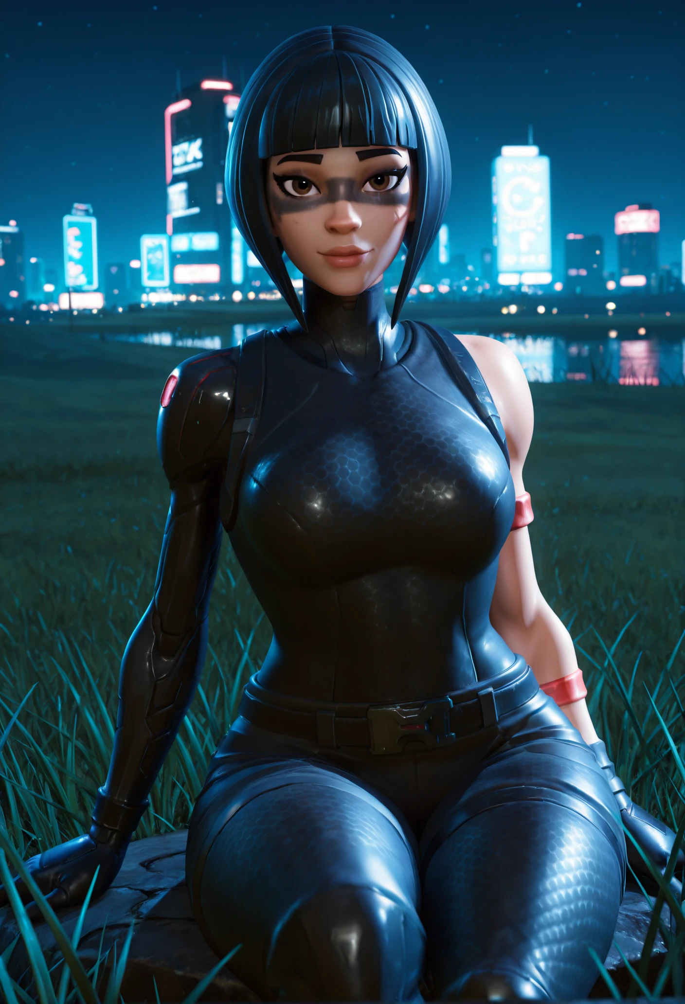 3d, pixar, intricate details, looking at viewer, hyperdetailed skin texture, specular highlights, perfect lighting, subsurface scattering, masterpiece, best quality, amazing quality, 4k, very aesthetic, high resolution, ultra-detailed, absurdres, newest, scenery, 3d, rendered,
1girl, black hair, bangs, blunt bangs, lips, black eye shadow, brown eyes, wide hips, massive thighs, (cellulite:0.8), skindentation,
looking at viewer, 1girl, ((black facepaint)), facepaint, bob cut, blunt bangs, bangs, ((facepaint around eyes)), cyberpunk, skyline, grass, sitting in grass, night, belt, nose, golves,
<lora:ShadowOpsFort:1>
