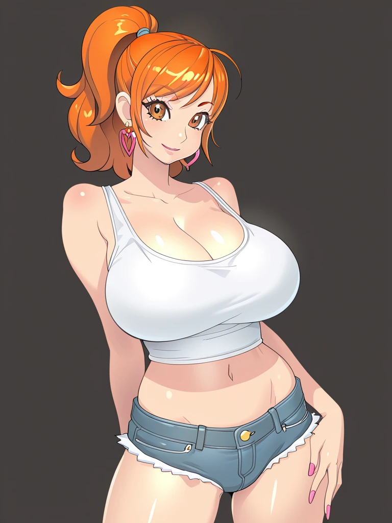 Nami,One piece,slicked high Top knot bun hairstyle,Big breast,vertical earring,((Thin orange leopard print tight short sleeve shirt with cleavage)),open navel,Lowrise blue jeans ,diamond Wedding ring,Orange hair,short pixie hair,Absalom wife,Necklace,Hoop bracelet,Long nail,Wide hips,gaze in viewer,Fullbody view,Solo,half eyes expression,Spouty lips,Mature,needy gesture,glossy light Tanned skin,light blush,soft expression,Skindentation,Mature,Lipstic,eyeshadow,1hand in hip,Full slicked bang
