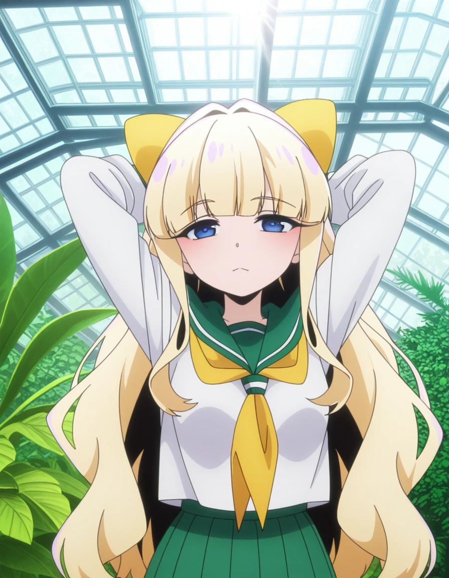 masterpiece, best quality, amazing quality,, <lora:kaoruko-tenkawa-s1-illustriousxl-lora-nochekaiser:1>, kaoruko tenkawa, tenkawa kaoruko, long hair, blue eyes, blonde hair, bow, hair bow, yellow bow, mature female, small breasts, anime screencap, skirt, shirt, long sleeves, white shirt, pleated skirt, serafuku, sailor collar, neckerchief, green skirt, green sailor collar,, hands behind head,, conservatory, plants, glass_roof, sunlight, greenery, cowboy shot, solo, looking at viewer,