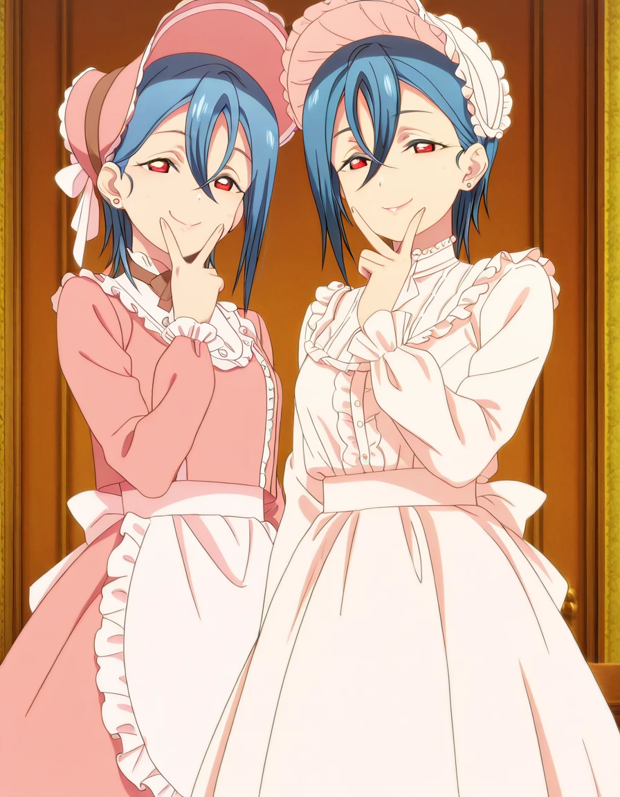masterpiece, best quality, amazing quality,, <lora:shiki-wakana-s2-illustriousxl-lora-nochekaiser:1>, shiki wakana, wakana shiki, short hair, bangs, red eyes, hair between eyes, blue hair, earrings, stud earrings, mature female, small breasts, anime screencap, <lora:victorian-illustriousxl-lora-nochekaiser:1>, victorian, frilled dress, bonnet, long sleeves, waist apron, v, v over mouth, smug,, ,