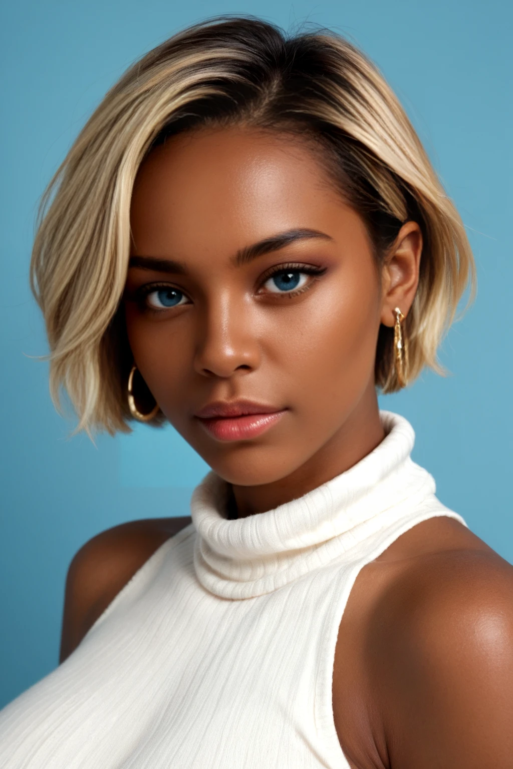 score_9_up, score_8_up, score_7_up,,african girl,african woman.black woman, black girl,  1girl, solo, looking at viewer, short hair, blue eyes, blonde hair, simple background, jewelry, closed mouth, earrings, sleeveless, sweater, lips, makeup, turtleneck, portrait, realistic, nose, :1.5