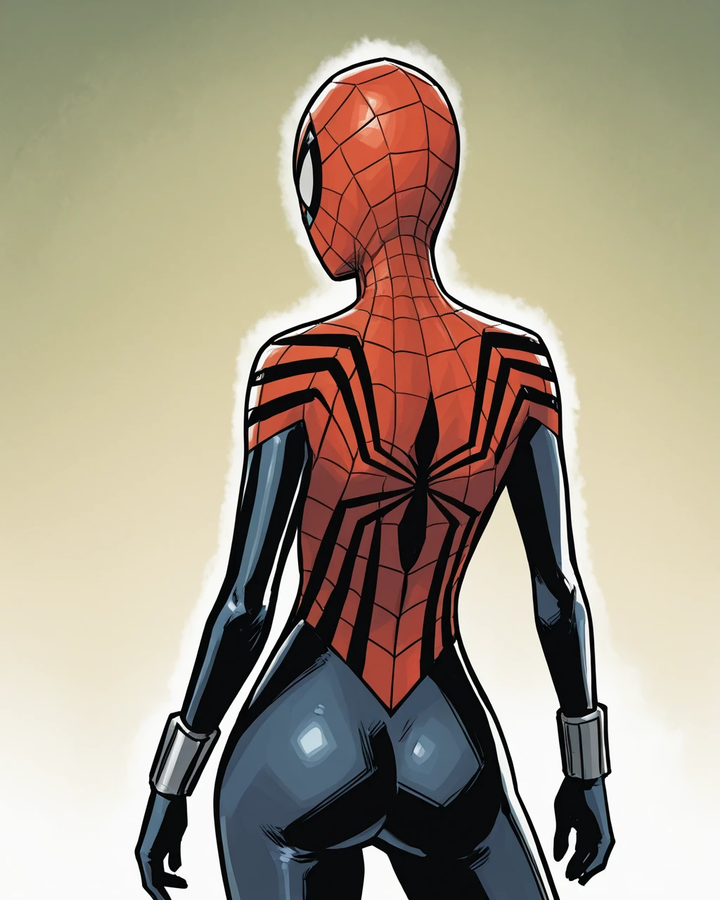 masterpiece, best quality, absurdres, perfect quality, absolutely eye-catching, <lora:SpiderGirlMaydayIllus:1> sgmayday, 1girl, mask, bodysuit, spider web print, cowboy shot, contrapposto, from behind