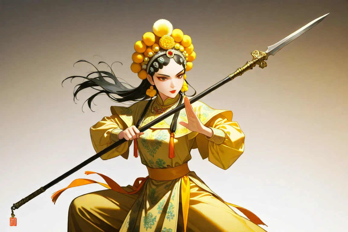 masterpiece, best_quality, very_aesthetic, highres, absurdres, ultra detailed,
<lora:negXL:0.5>
<lora:Beijing_Opera_IL:1>
1girl, beijing opera, black hair, chinese clothes, holding weapon polearm, , lipstick, long sleeves, looking at viewer, makeup, necklace, red lips,chinese armor , eyeshadow, dynamic pose, fighting stance, capelet,
yoneyama mai,dynamic visul,multiple-tone hair, multiple-tone background, watercolor \(medium\), vivd color,dull yellow theme,olive theme,warm colors,dream like, gradient background,