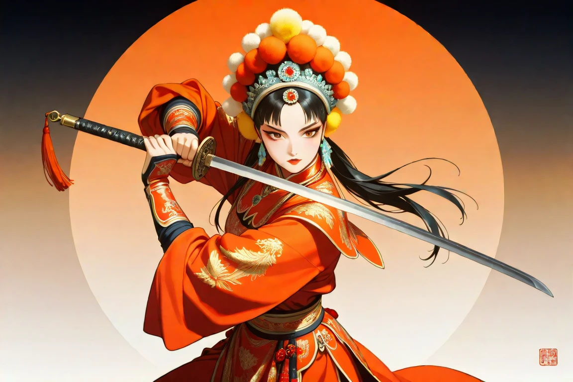 masterpiece, best_quality, very_aesthetic, highres, absurdres, ultra detailed,
<lora:negXL:0.5>
<lora:Beijing_Opera_IL:1>
1girl, beijing opera, black hair, chinese clothes, holding weapon scabbard, , lipstick, long sleeves, looking at viewer, makeup, necklace, red lips,chinese armor , eyeshadow, dynamic pose, fighting stance, gauntlets,
yoneyama mai,dynamic visul,multiple-tone hair, multiple-tone background, watercolor \(medium\), vivd color,amber orange theme,pale yellow theme,warm colors,dream like, gradient background,