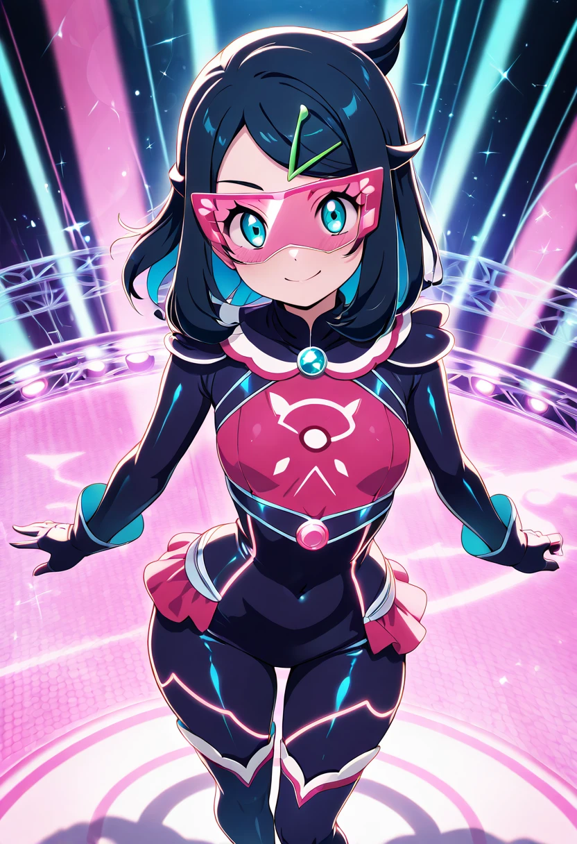 masterpiece, best quality, solo, curvy, beautiful eyes, narrow waist, wide hips, 1girl, solo, smile, looking at viewer, dynamic angle, foreshortening, close up,    liko (pokemon), pokemon, 1girl, blue eyes, aqua eyes, eyelashes, black hair, medium hair, blue hair, colored inner hair, hairclip,   ,<lora:LikoPokemonIXL:1.0>,  <lora:CitronKuroStyle_IXL:1.0>, [Cyber Idol Performer], <lora:LoveLiveSchoolIdolFestivalAllStarsNAI:0.5>, neon green and purple LED-lighted bodysuit with metallic panels, sleek visor with holographic reflections, knee-high boots with integrated lights, short angular hair in a bright neon color, performing on a futuristic stage with a digital backdrop of moving lights and geometric shapes,