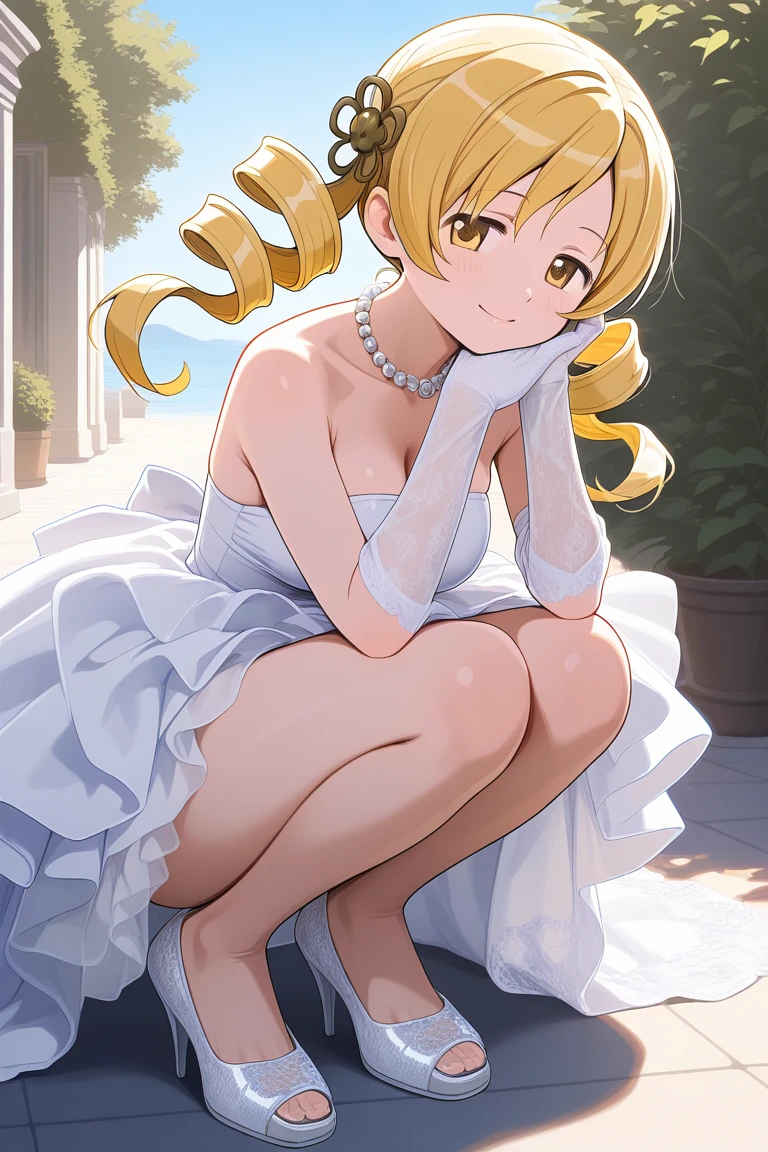 1girl, <lora:white_high_low_dressV1_Illustrious:1> ,white high-low dress,lace train,ruffled skirt,bare shoulders,strapless,pearl necklace,jewelry,white lace elbow gloves,white footwear,outdoors, high heels, masterpiece, best quality, amazing quality, newest,light_smile,, <lora:mamitomoeILM:1>,tomoe mami, yellow eyes, drill hair, twin drills, twintails, long hair, very long hair, blonde hair, hair ornament, breasts, large breasts,