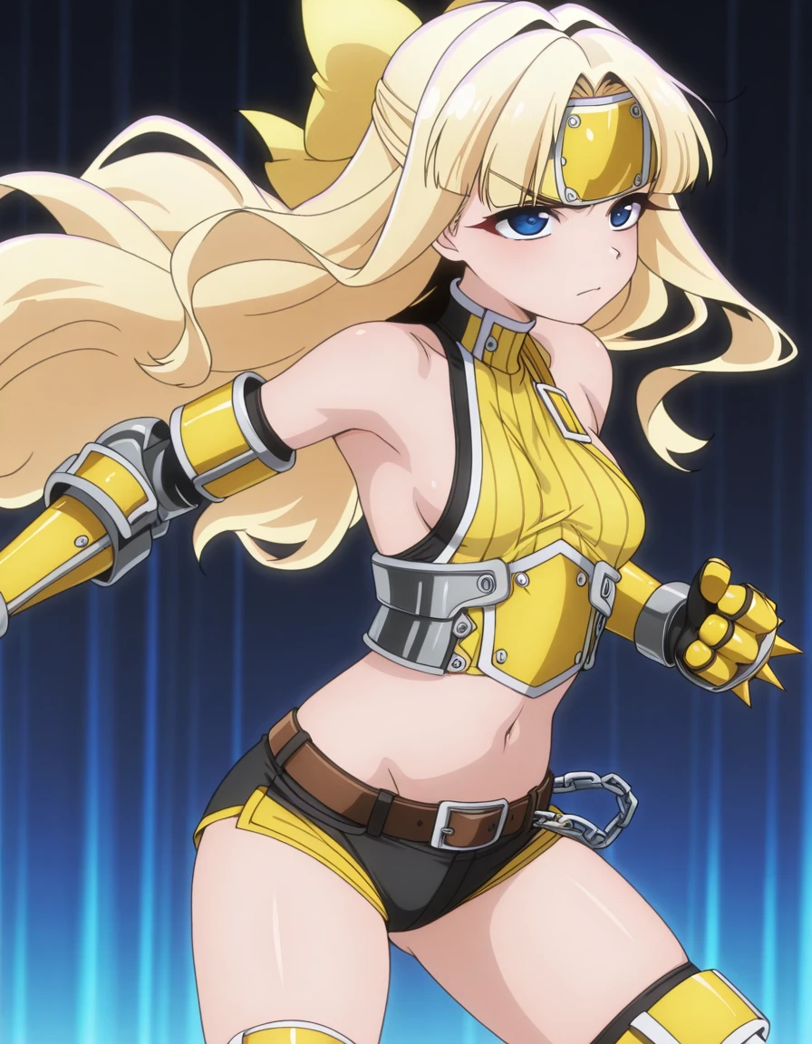 masterpiece, best quality, amazing quality,, <lora:kaoruko-tenkawa-s1-illustriousxl-lora-nochekaiser:1>, kaoruko tenkawa, tenkawa kaoruko, long hair, blue eyes, blonde hair, bow, hair bow, yellow bow, mature female, small breasts, anime screencap, <lora:kuroobi-armor-illustriousxl-lora-nochekaiser:1>, kuroobi armor, armband, armor, asymmetrical clothes, bare shoulders, belt, chain, crop top, elbow gloves, forehead protector, gauntlets, gloves, headband, kuroobi (armor), micro shorts, midriff, navel, no bra, panties, shirt, shorts, sideboob, sleeveless, sleeveless turtleneck, spikes, strap, striped, taut clothes, taut shirt, thighhighs, thighs, turtleneck, underwear,, <lora:dynamic-pose-illustriousxl-lora-nochekaiser:1>, dynamic pose, fighting stance, cowboy shot, ,