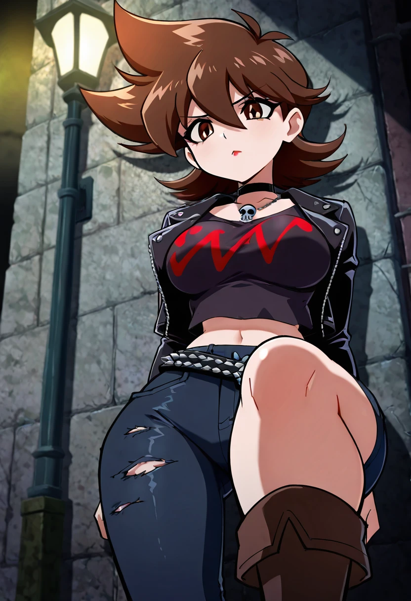 masterpiece, best quality, solo, curvy, beautiful eyes,  narrow waist, wide hips, large breasts,zzTachibana, brown eyes, hair between eyes, brown hair, flipped hair, short hair, spiked hair,   ,       <lora:TachibanaHiromiIXL:1.0>, [Dark Emo], black leather jacket with silver studs and a skull zipper pull, long-sleeve black t-shirt with a dark, faded graphic, dark ripped skinny jeans with a heavy chain belt, high leather boots with silver buckles, black choker with a dangling pendant, dark smoky eye shadow with bold black eyeliner, deep plum lipstick, standing under a streetlamp on a quiet rainy night,