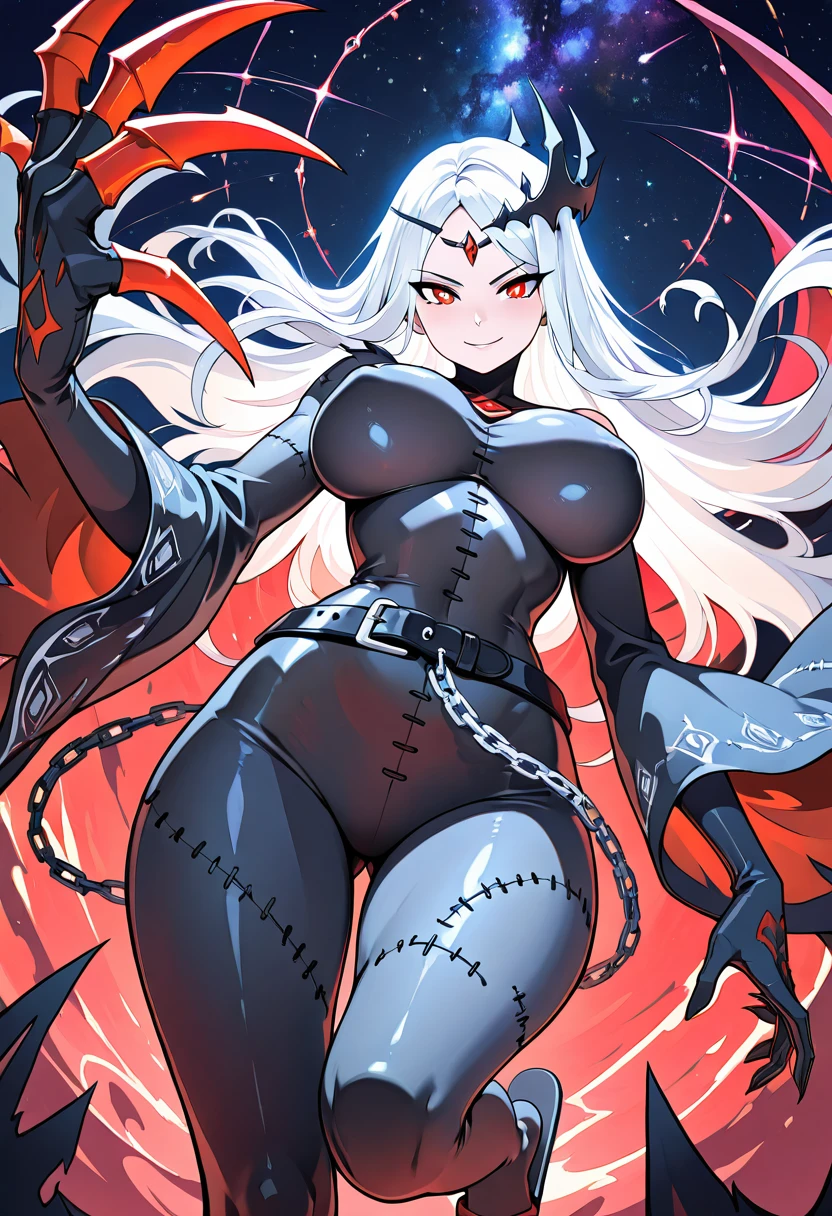 (high quality, 8k, 4K, high contrast, artwork:1.2, high quality, best aesthetics), (dynamic angle), ((1 woman)), (erotic, sensual, mature body), (super detailed, beautiful face detailed, beautiful eyes detailed, detailed beautiful mouth), (sexy body, perfect breats, perfect wide thighs), (long, wavy white hair), (blue eyes), (black hero/villain mask over his eyes), (black bodysuit with cleavage on the breasts with white gloves and white fur details around the neckline and gloves), (sensual facial expression), (standing in an upright, centered posture), (looking directly at the viewer)