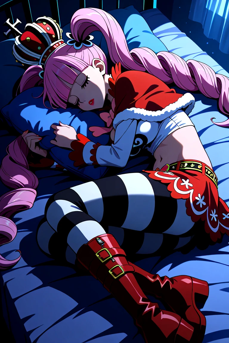 dark, late night, blue theme:1.3,perona, 1girl, solo, long hair, twintails, blunt bangs, pink hair, closed eyes, medium breasts, crop top, crown, lipstick, midriff, makeup, navel, capelet, red capelet, cleavage, striped pantyhose, pantyhose, striped, skirt, boots, pink bow, hair ornament, sleeping, bedroom, bed, on side, lying, heart, hands under pillow,mid,tailed background,high resolution,amazing quality,best quality,good lighting, detailed eyes,very aesthetic,very awa,detailed,anime coloring,<lora:dark chiaroscuro:1>