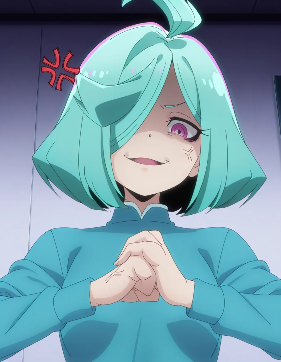 masterpiece, best quality, amazing quality,, <lora:nemo-anemo-s1-illustriousxl-lora-nochekaiser:1>, nemo anemo, short hair, green hair, pink eyes, hair over one eye, aqua hair, ahoge, mature female, small breasts, anime screencap, <lora:cracking-knuckles-illustriousxl-lora-nochekaiser:1>, cracking knuckles, shaded face, open mouth, looking at viewer, looking down, fist in hand, own hands together, anger vein, false smile,, ,