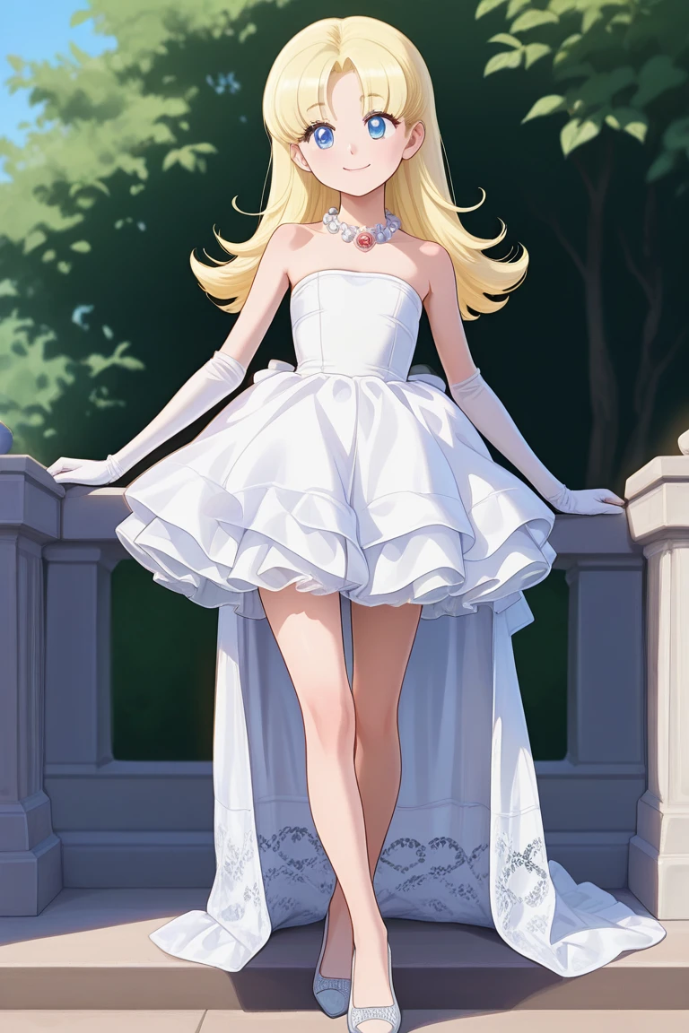 1girl, <lora:white_high_low_dressV1_Illustrious:1> ,white high-low dress,lace train,ruffled skirt,bare shoulders,strapless,pearl necklace,jewelry,white lace elbow gloves,white footwear,outdoors, high heels, masterpiece, best quality, amazing quality, newest,light_smile, <lora:NADJA_Illustrious:1>,nadja,blue eyes, blonde hair, long hair, flipped hair, parted bangs