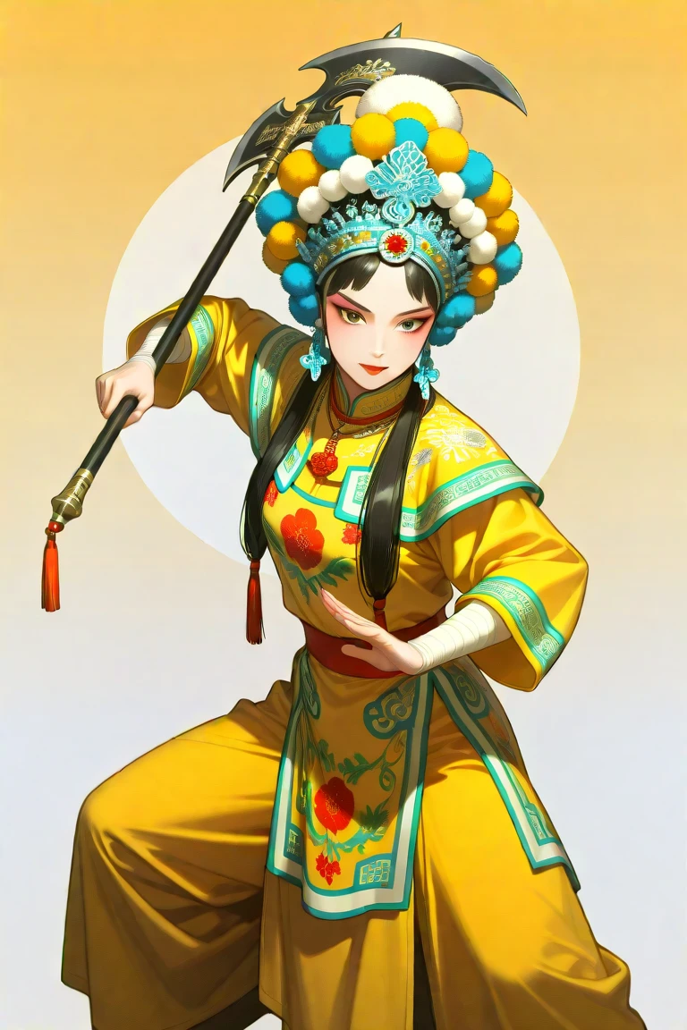 masterpiece, best_quality, very_aesthetic, highres, absurdres, ultra detailed,
<lora:negXL:0.5>
<lora:Beijing_Opera_IL:1>
1girl, beijing opera, black hair, chinese clothes, holding weapon halberd, , lipstick, long sleeves, looking at viewer, makeup, necklace, red lips,chinese armor , eyeshadow, dynamic pose, fighting stance, wrist wrap,
yoneyama mai,dynamic visul,multiple-tone hair, multiple-tone background, watercolor \(medium\), vivd color,yellow theme,soft yellow theme,warm colors,dream like, gradient background,