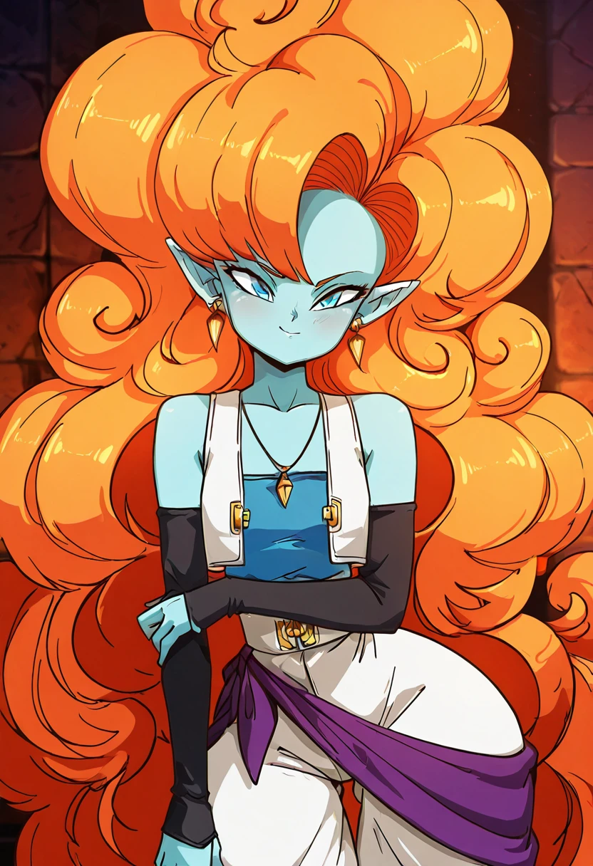 masterpiece, best quality, solo, curvy, beautiful eyes,  narrow waist, wide hips, zZangya, blue eyes, blue skin, pointy ears, orange hair, curly hair, long hair, big hair,  jewelry, necklace, detached sleeves, bare shoulders, vest, gloves, white baggy pants,  ,       <lora:ZangyaDragonballIXL:1.0>, , smile, looking at viewer, cowboy shot,  ,<lora:Diives_NAI:1.0>,
