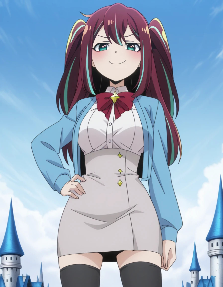 masterpiece, best quality, amazing quality,, <lora:matama-akoya-s1-illustriousxl-lora-nochekaiser:1>, matama akoya, long hair, brown hair, green eyes, multicolored hair, aqua eyes, two side up, streaked hair, mature female, medium breasts, anime screencap, skirt, shirt, thighhighs, bow, jacket, white shirt, black thighhighs, bowtie, red bow, zettai ryouiki, buttons, blue jacket, red bowtie, grey skirt, high-waist skirt,, smug, hand on own hip,, floating castle, sky, magical, clouds, fantasy, cowboy shot, solo, looking at viewer,