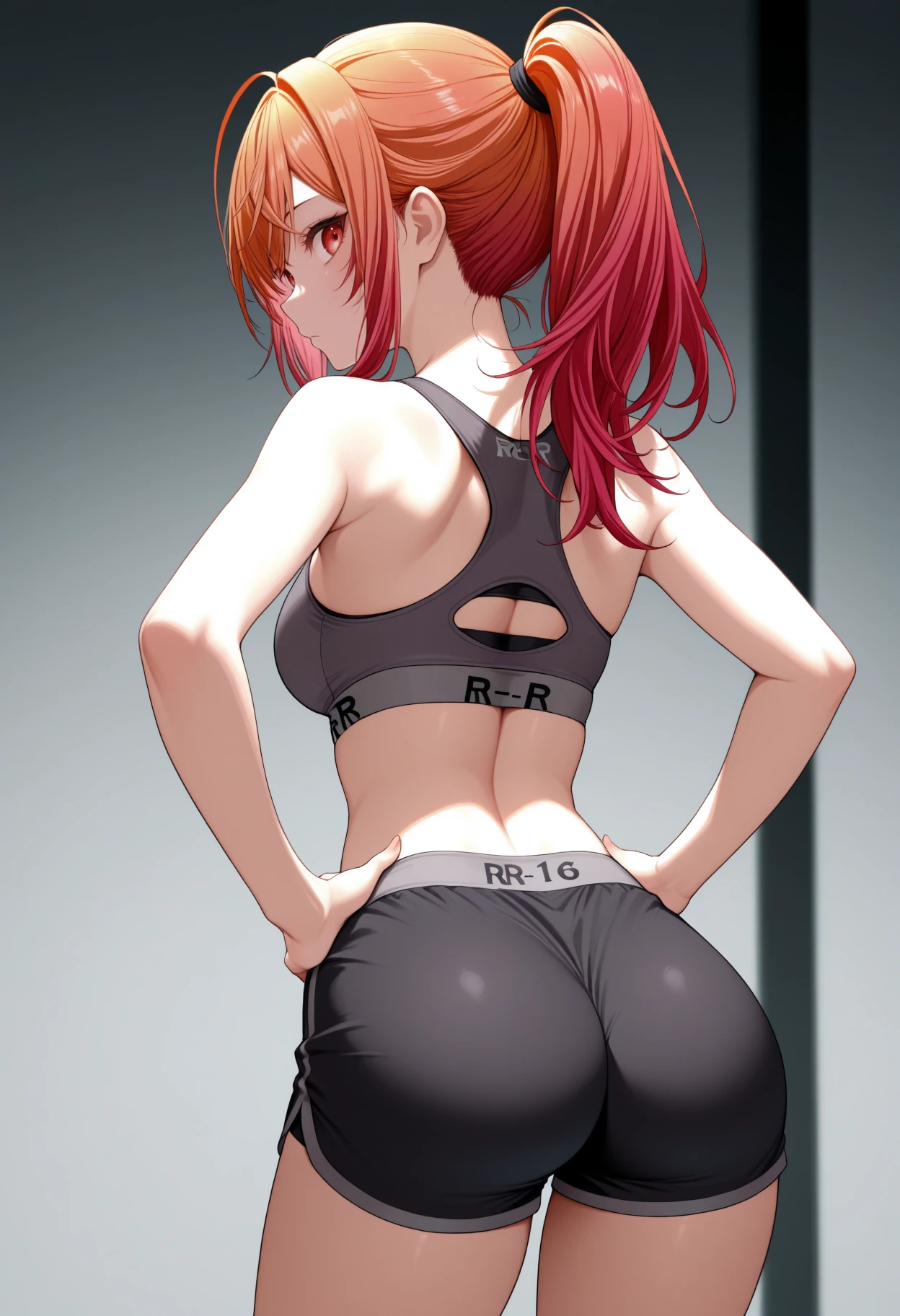 masterpiece, best quality, 1girl, solo, Rir1ka, red eyes, multicolored hair, orange hair, red hair, long hair, ponytail, from behind, looking back, hands on hips, sports bra, black shorts, ass, <lora:ChamIchijouRirikaNoob:1>