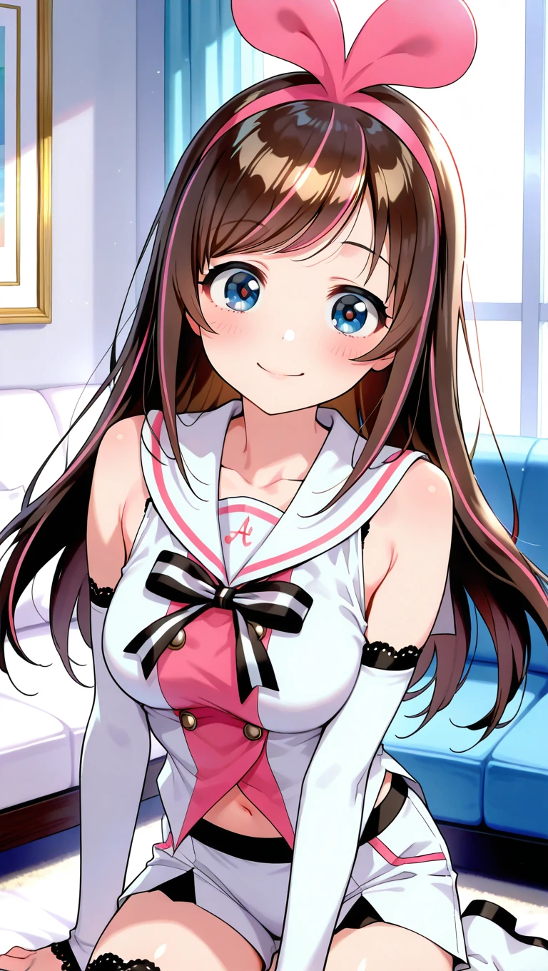 (masterpiece),best quality,amazing quality,very aesthetic,absurdres,newest,perfect body,shiny skin,perfect eyes,detail1eye,well-defined fingers,well-defined fingernails,anime style,indoors,1girl,solo,upper body,(portrait:1.5),looking at viewer,facing viewer,smile,blush,Kizuna AI,pink hairband,long hair,brown hair,two-tone hair,streaked hair,pink hair,swept bangs,blue eyes,collarbone,white sailor collar,bare shoulders,white shirt,sleeveless shirt,black ribbon,neck ribbon,detached sleeves,lace-trimmed sleeves,medium breasts,navel,white shorts,short shorts,lace-trimmed legwear,thigh boots,white footwear,<lora:Kizuna AI(vtb)-Illus:1.6>,