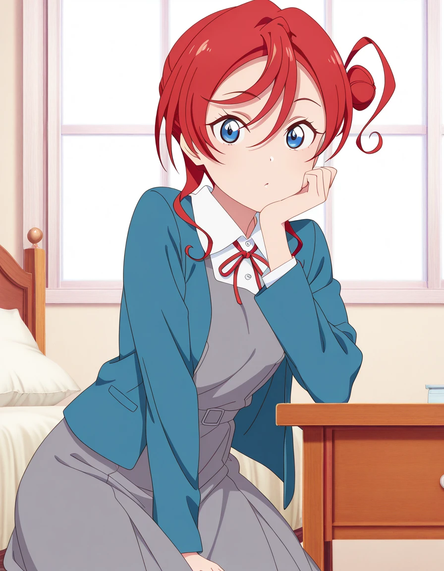 masterpiece, best quality, amazing quality,, <lora:mei-yoneme-s2-illustriousxl-lora-nochekaiser:1>, mei yoneme, yoneme mei, bangs, blue eyes, hair between eyes, red hair, hair bun, single hair bun, single side bun, mature female, small breasts, anime screencap, shirt, dress, ribbon, jacket, white shirt, open clothes, collared shirt, open jacket, red ribbon, neck ribbon, blue jacket, pinafore dress, grey dress,, sitting, elbow rest, table,, bedroom, bed, pillows, nightstand, window, cowboy shot, solo, looking at viewer, <lora:transparent-background-illustriousxl-lora-nochekaiser:1>, transparent background, simple background, white background