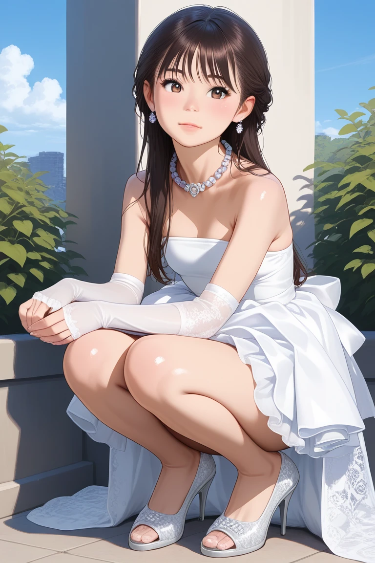 1girl, <lora:white_high_low_dressV1_Illustrious:1> ,white high-low dress,lace train,ruffled skirt,bare shoulders,strapless,pearl necklace,jewelry,white lace elbow gloves,white footwear,outdoors, high heels, , masterpiece, best quality, amazing quality, newest,
