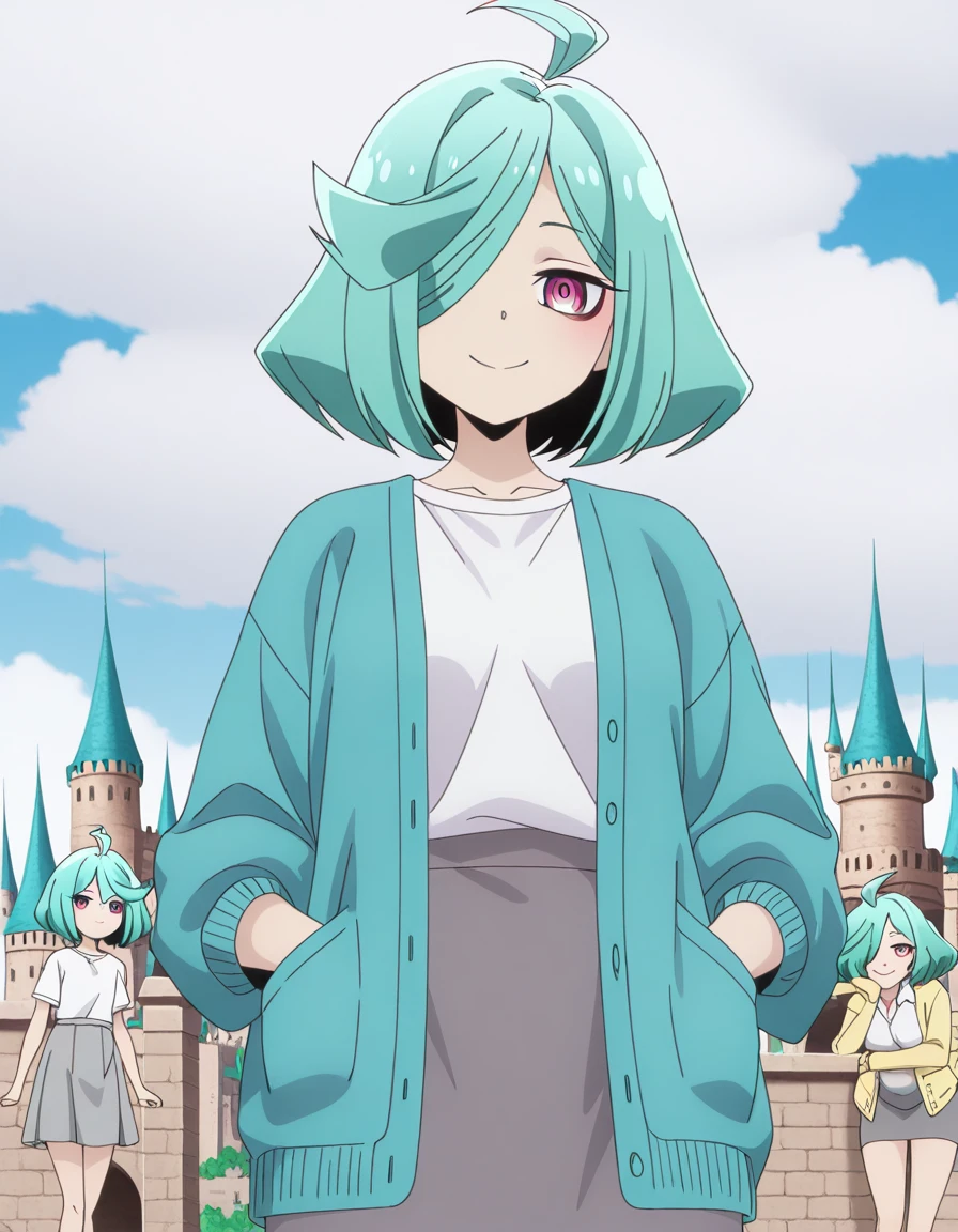 masterpiece, best quality, amazing quality,, <lora:nemo-anemo-s1-illustriousxl-lora-nochekaiser:1>, nemo anemo, short hair, green hair, pink eyes, hair over one eye, aqua hair, ahoge, mature female, small breasts, anime screencap, skirt, shirt, white shirt, cardigan, grey skirt,, head rest, smile,, floating castle, sky, magical, clouds, fantasy, cowboy shot, solo, looking at viewer, <lora:transparent-background-illustriousxl-lora-nochekaiser:1>, transparent background, simple background, white background