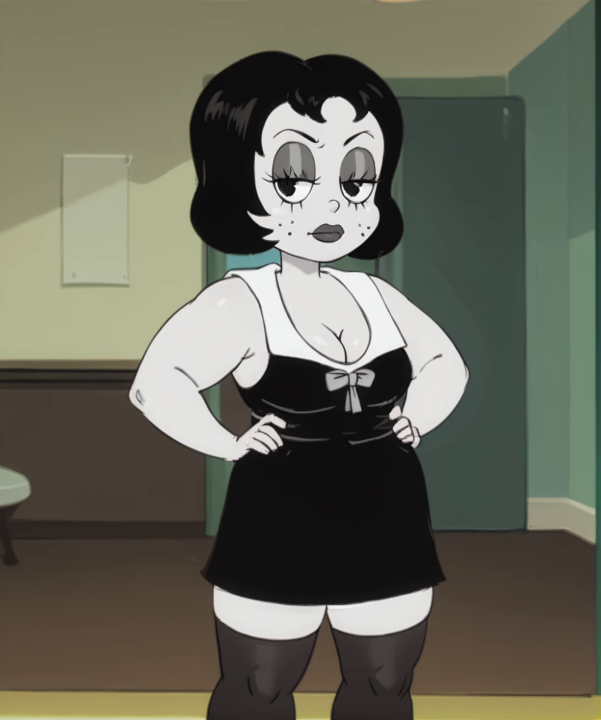 Toot,grey skin, short hair, plump black eyes, 
standing,   looking at viewer, smile,  
black thigh highs , short black dress, sleeveless,  cleavage,
in house, yellow walls, living room, cartoon house,  solo, tv
(insanely detailed, beautiful detailed face, masterpiece, best quality)
<lora:Toot-10V3:0.7>