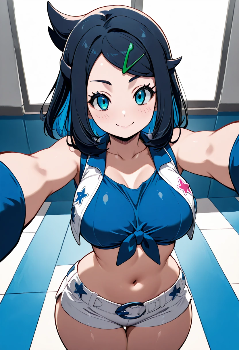 masterpiece, best quality, solo, curvy, beautiful eyes, narrow waist, wide hips, 1girl, solo, smile, looking at viewer, dynamic angle, foreshortening, close up,    liko (pokemon), pokemon, 1girl, blue eyes, aqua eyes, eyelashes, black hair, medium hair, blue hair, colored inner hair, hairclip,   large breasts,   ,<lora:LikoPokemonIXL:1.0>,  <lora:CitronKuroStyle_IXL:1.0>, [Pep Rally Rebel], DalCowCheer, navel, midriff, belt, blue tied shirt, vest, white shorts, short shorts, skindentation,  <lora:DallasCowboysCheerleaders_IXL_v2:1.0>,  Strutting across an indoor gym floor, midriff bared and navel catching the light, attitude turned all the way up, head held high as music pulses in the background.