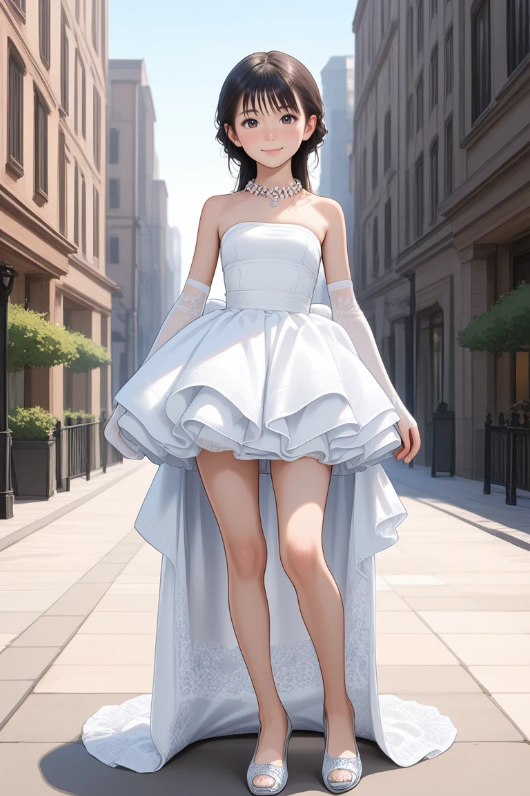 1girl, <lora:white_high_low_dressV1_Illustrious:1> ,white high-low dress,lace train,ruffled skirt,bare shoulders,strapless,pearl necklace,jewelry,white lace elbow gloves,white footwear,outdoors, high heels, , masterpiece, best quality, amazing quality, newest,light_smile