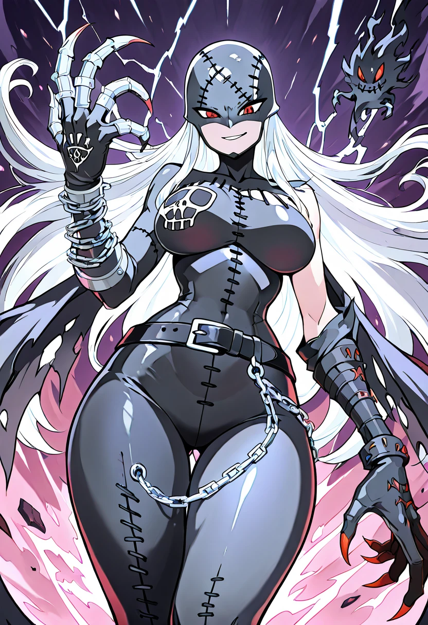 masterpiece, best quality, solo, curvy, beautiful eyes, narrow waist, wide hips, 1girl, solo, smile, looking at viewer, dynamic angle, foreshortening, close up,    zzLadyDevi, red eyes, long hair, white hair, (tsurime), chain, belt, stitches, claws, gloves,  ,  <lora:LadyDevimonDigimonIXL:0.7>,[Stormcall Seer], wind-torn mantle with storm cloud embroidery, lightning-laced boots, sleeveless top crackling with arcs, gauntlets with thunder runes, chain of glass beads crackling with charge, hair in constant motion, cliffside above storming sea, hand raised to sky, wild-eyed expression,