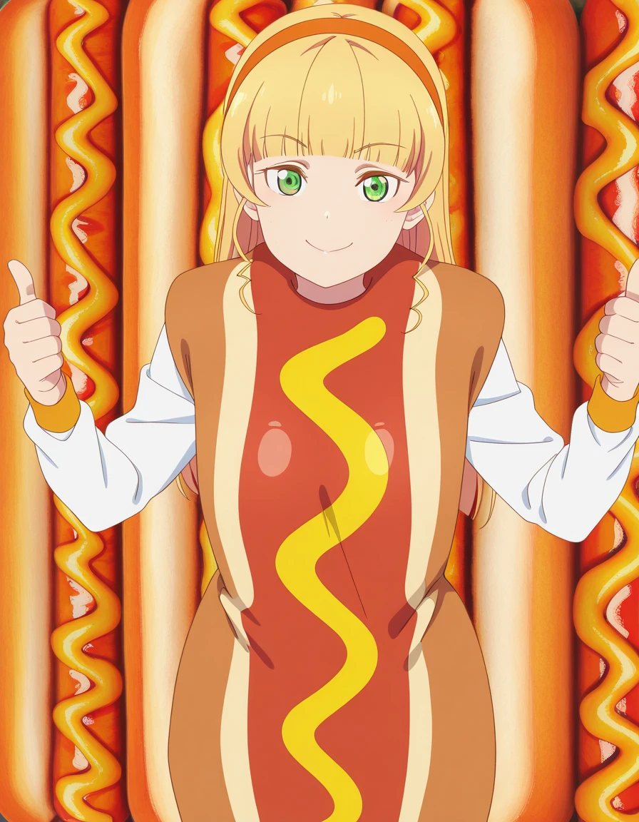 masterpiece, best quality, amazing quality,, <lora:sumire-heanna-s2-illustriousxl-lora-nochekaiser:1>, sumire heanna, long hair, bangs, blonde hair, green eyes, hairband, blunt bangs, orange hairband, mature female, small breasts, anime screencap, <lora:hotdog-costume-illustriousxl-lora-nochekaiser:1>, hotdog costume, food, hot dog, looking at viewer, long sleeves, cowboy shot, ketchup, oversized food, costume, smile, thumbs up, hands up,, from above,, ,