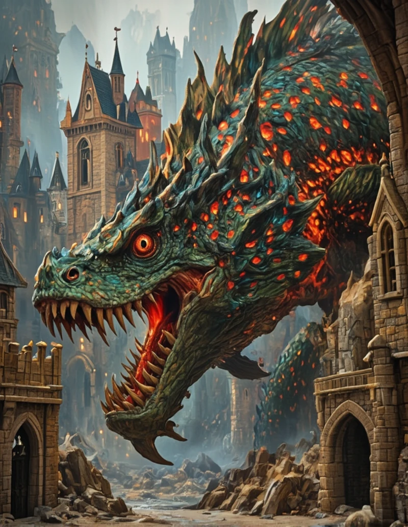 <lora:MW_Minis02flux:1> m1md, absurdres, blue, bokeh, brown, closeup, epic, epic details, epic scale, fire veins, furious, huge fish monster, green, hid15, lava color, medieval buildings, orange, outdoors, shiny diamonds, t10, t7, trees, castle,