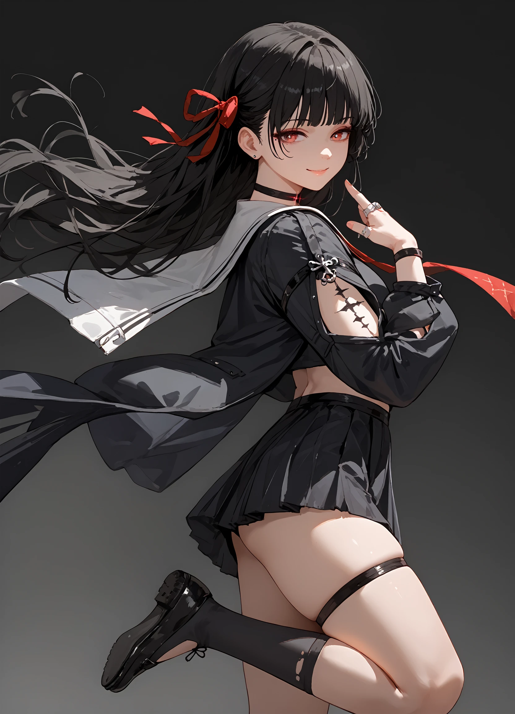(score_9, score_8_up, score_7_up), 1girl, chisa, hair ribbon, mole under eye, choker, arm tattoo, finger ring, thigh strap, black kneehighs, standing on one leg, , smile, floating hair, gradient background, feet out of frame, <lora:chisa-wwPO-v1:0.9>