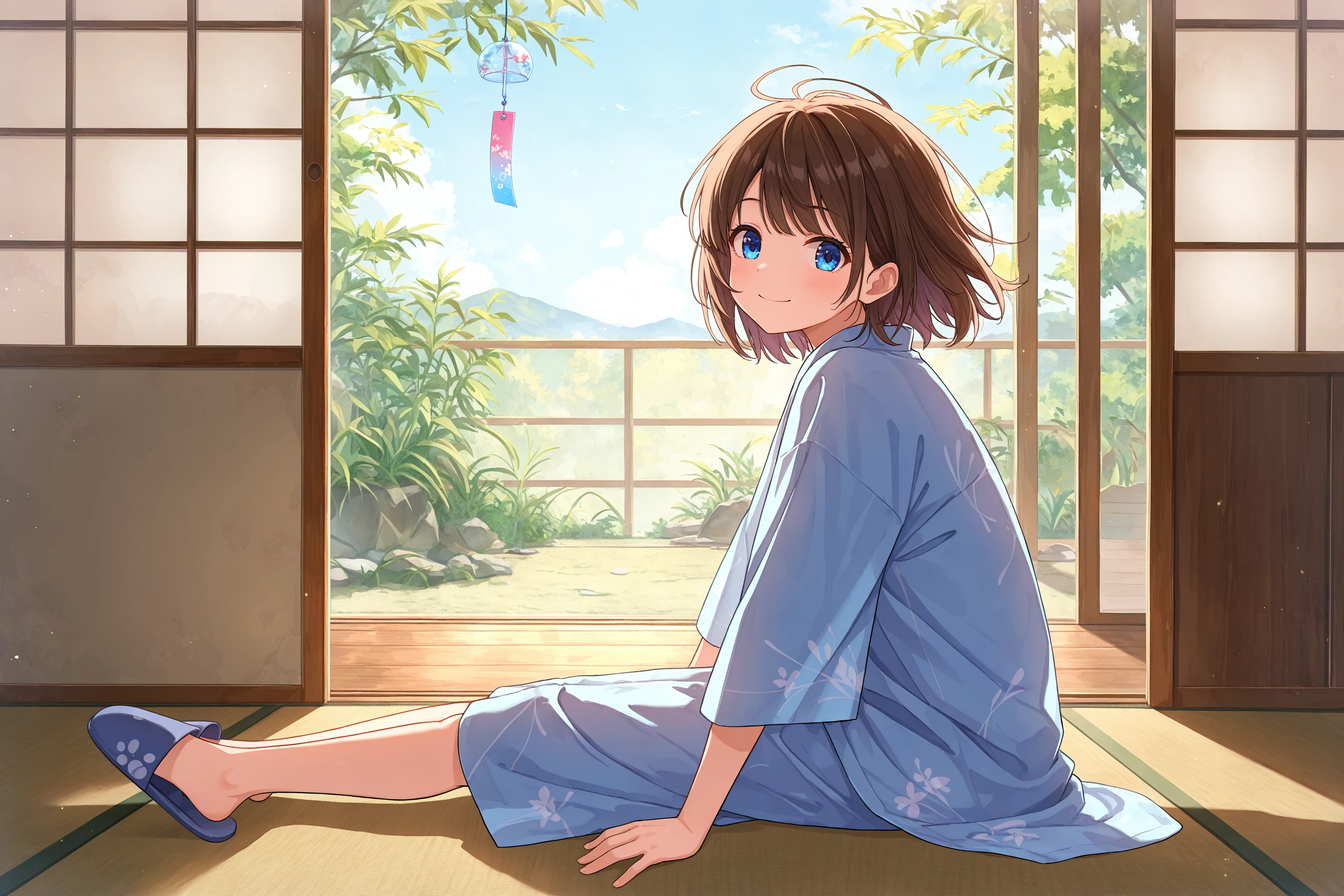 masterpiece, best quality, absurdres, safe
1girl, sitting, outstretched legs, on floor, full body,
looking at viewer, smile, from side, looking back,
blue sky, sliding doors, indoors, wind chime, slippers,
<lora:outstretched_legs_il_2_v2_final:1>