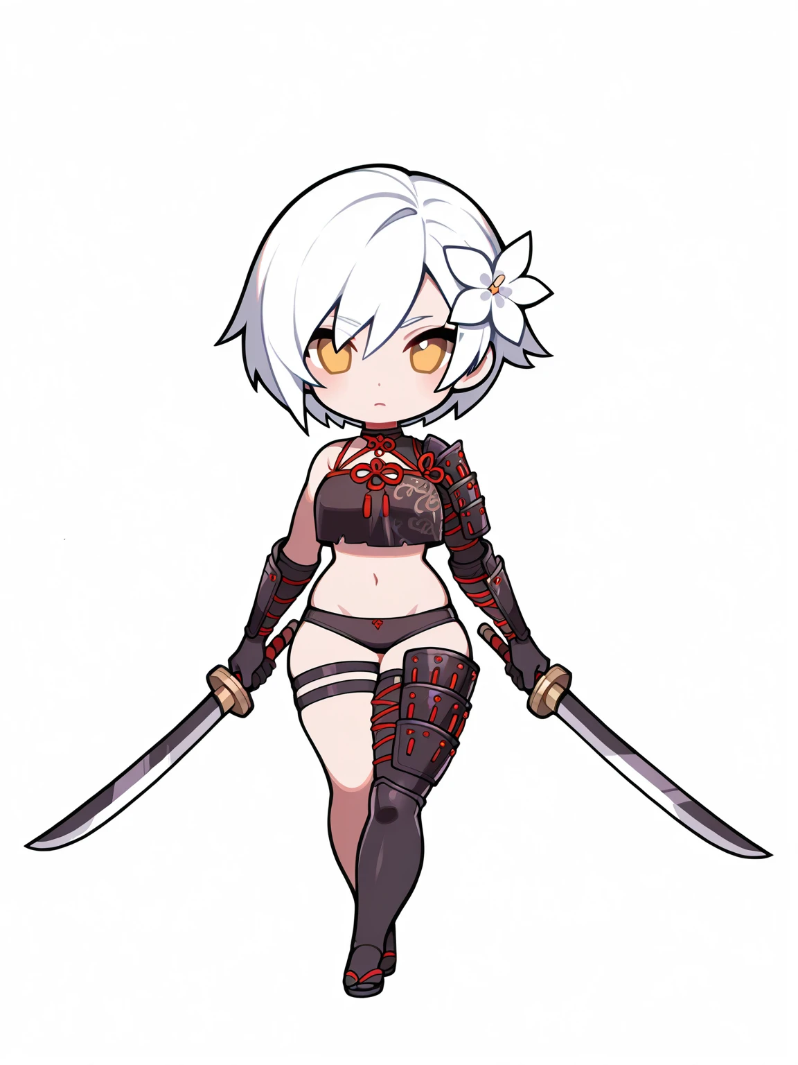 1girl, solo, (chibi), full body, dual wielding, katana, white background, kaisam, asymmetrical clothes, midriff, white hair, short hair, hair flower, yellow eyes, underwear, shoulder armor, japanese armor, thigh strap, gloves <lora:Nier_KaineDLC-IL:0.8>, masterpiece, best quality, detailed, highres, newest, recent, very as2, very awa