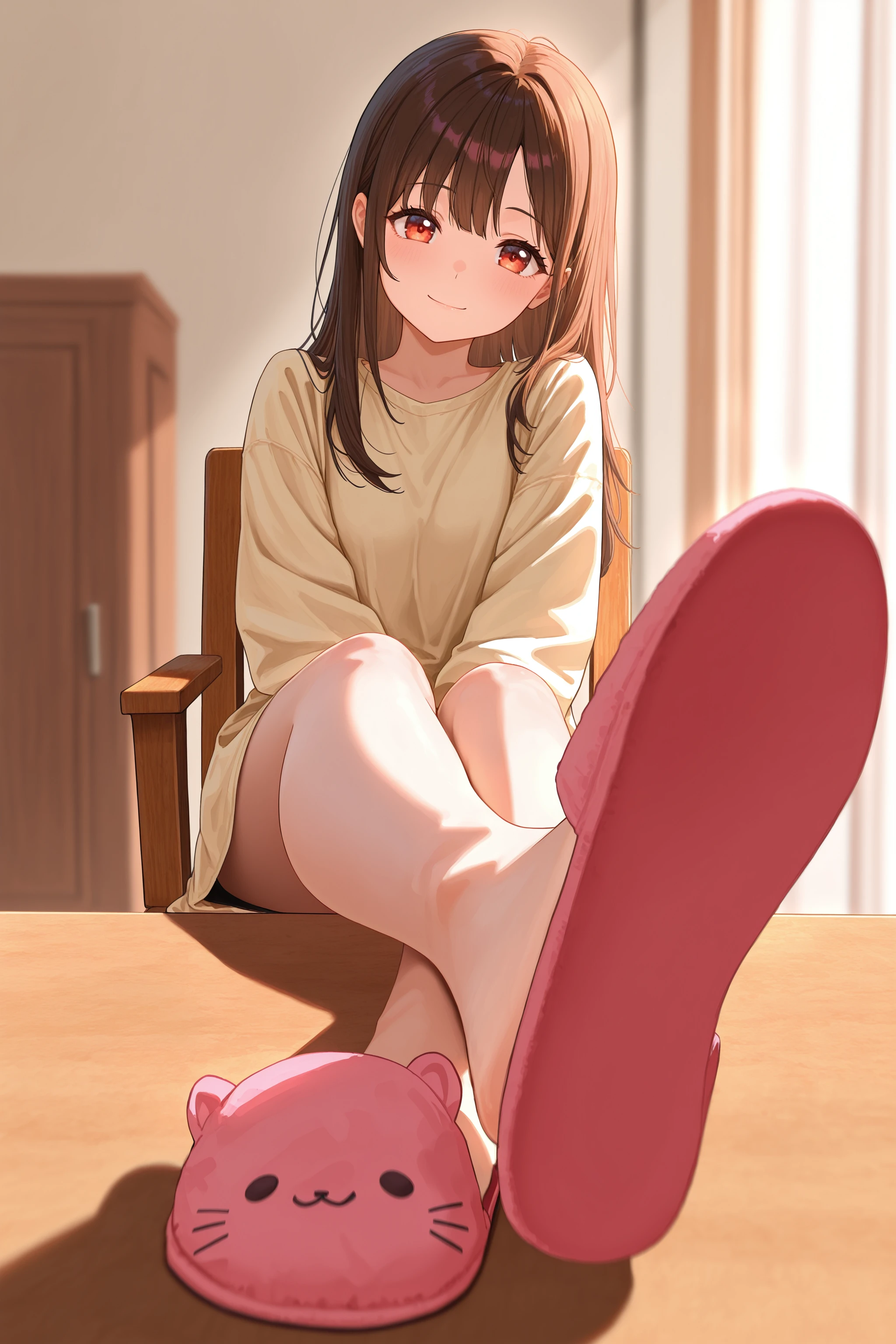 masterpiece, best quality, absurdres, safe
1girl, sitting, outstretched legs, feet on table, crossed ankles, full body,
looking at viewer, on chair, foreshortening, depth of field, slippers,
smile
<lora:outstretched_legs_il_2_v2_final:1>