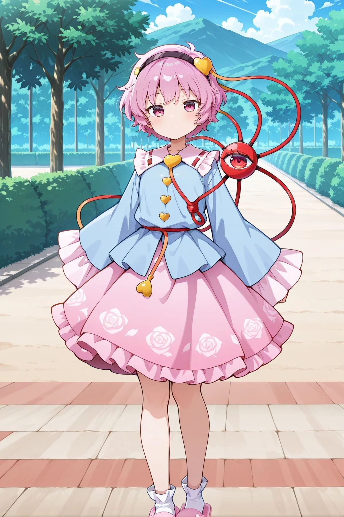 absurdres, highres, masterpiece, best quality, amazing quality, official anime artwork, screencap, anime screencap, looking at viewer, outdoors, 
 <lora:Komeiji-Satori_IllustriousV2:1> komeiji satori, 1girl, solo, pink eyes, pink hair, short hair, third eye,, black hairband, heart hair ornament, blue shirt, long sleeves, frilled sleeves, wide sleeves, heart button, yellow buttons, pink skirt, frilled skirt, white socks, pink slippers,