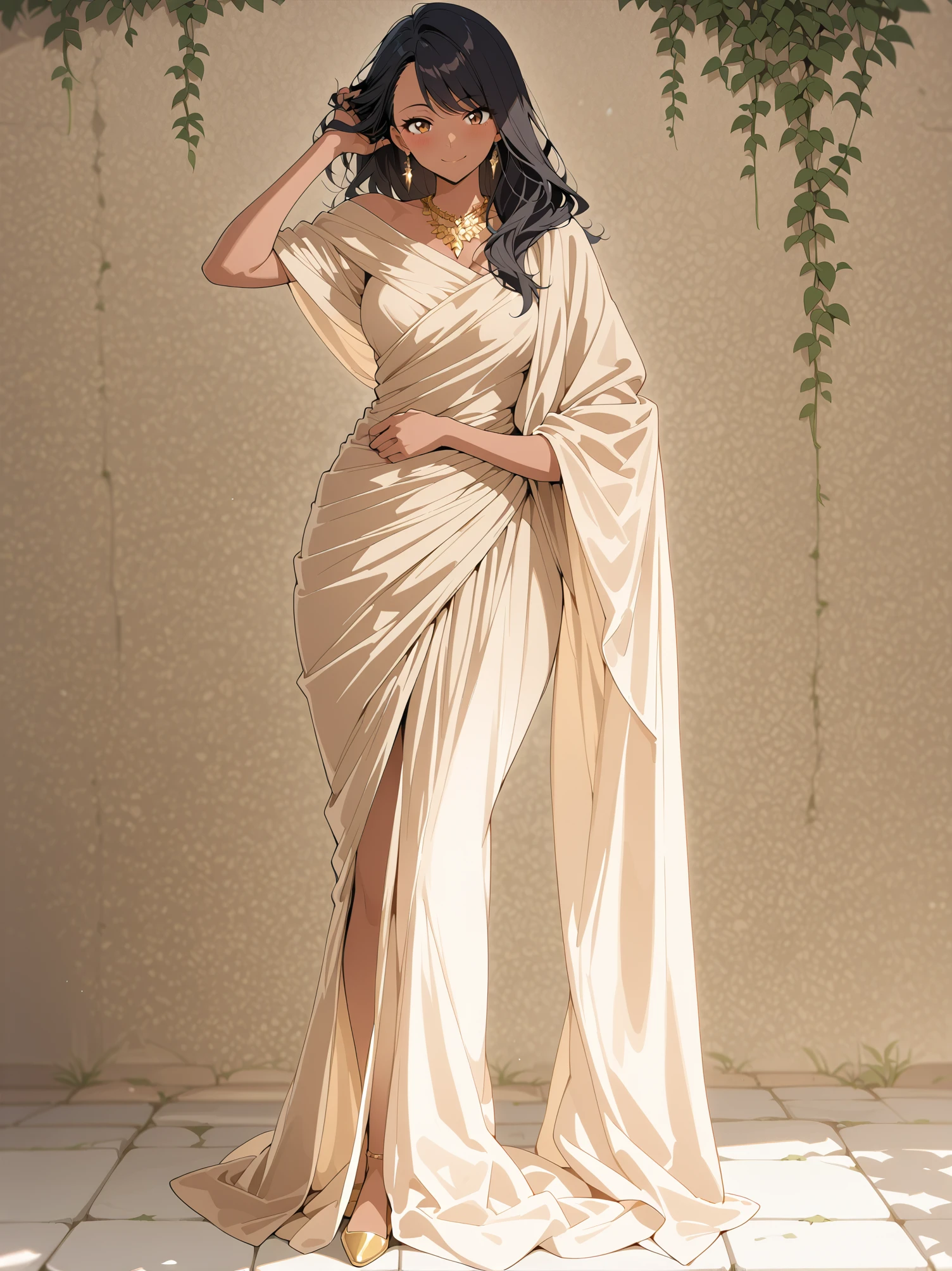 Anime,brown skin, perfect brown eyes, long black hair, side swept bangs, wearing a beige intricate sari, gold necklace, gold earrings, masterpiece, best quality, amazing quality, standing, hand in hair, looking at viewer, cute smile, outdoors, ivy covered stone floor, <lora:Tan_Pokemon_Anime_style_girl:1>