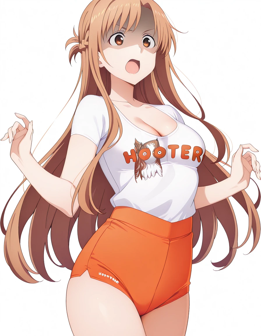 masterpiece, best quality, amazing quality,, <lora:asuna-yuuki-s3-illustriousxl-lora-nochekaiser:1>, asuna yuuki, yuuki asuna, long hair, bangs, brown hair, brown eyes, very long hair, braid, mature female, medium breasts, anime screencap,, <lora:hooters-illustriousxl-lora-nochekaiser:1>, hooters, shirt, white shirt, short shorts, clothes writing, brand name imitation, orange shorts, cleavage, <lora:dynamic-pose-illustriousxl-lora-nochekaiser:1>, dynamic pose, jumping, cowboy shot, shaded_face, open mouth, <lora:transparent-background-illustriousxl-lora-nochekaiser:1>, transparent background, simple background, white background, ,