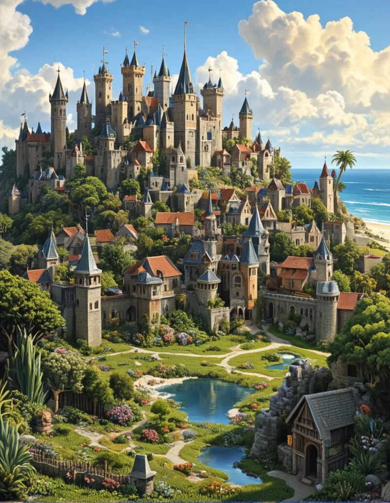 <lora:MW_Minis02flux:1> m1md, medieval, epic, epic details, epic scale, absurdres, outdoors, medieval city, tiny knights, sky, towers, aerial view, trees, flowers, grass, garden, pond, sunset, blue sky, palm tree, seaside, beach, waves,