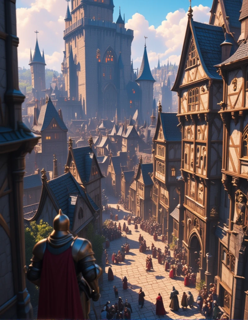 <lora:MW_Minis02flux:1> m1md, animation, medieval, epic, epic details, epic scale, absurdres, outdoors, closeup, knights, medieval buildings, medieval windows, bokeh, street, medieval cityscape, blured castle in the background, animation, sky, illuminated windows, lights, village square, angel statue, tiny villagers, crowds, medieval city, illuminated windows, lights, gold ornaments,