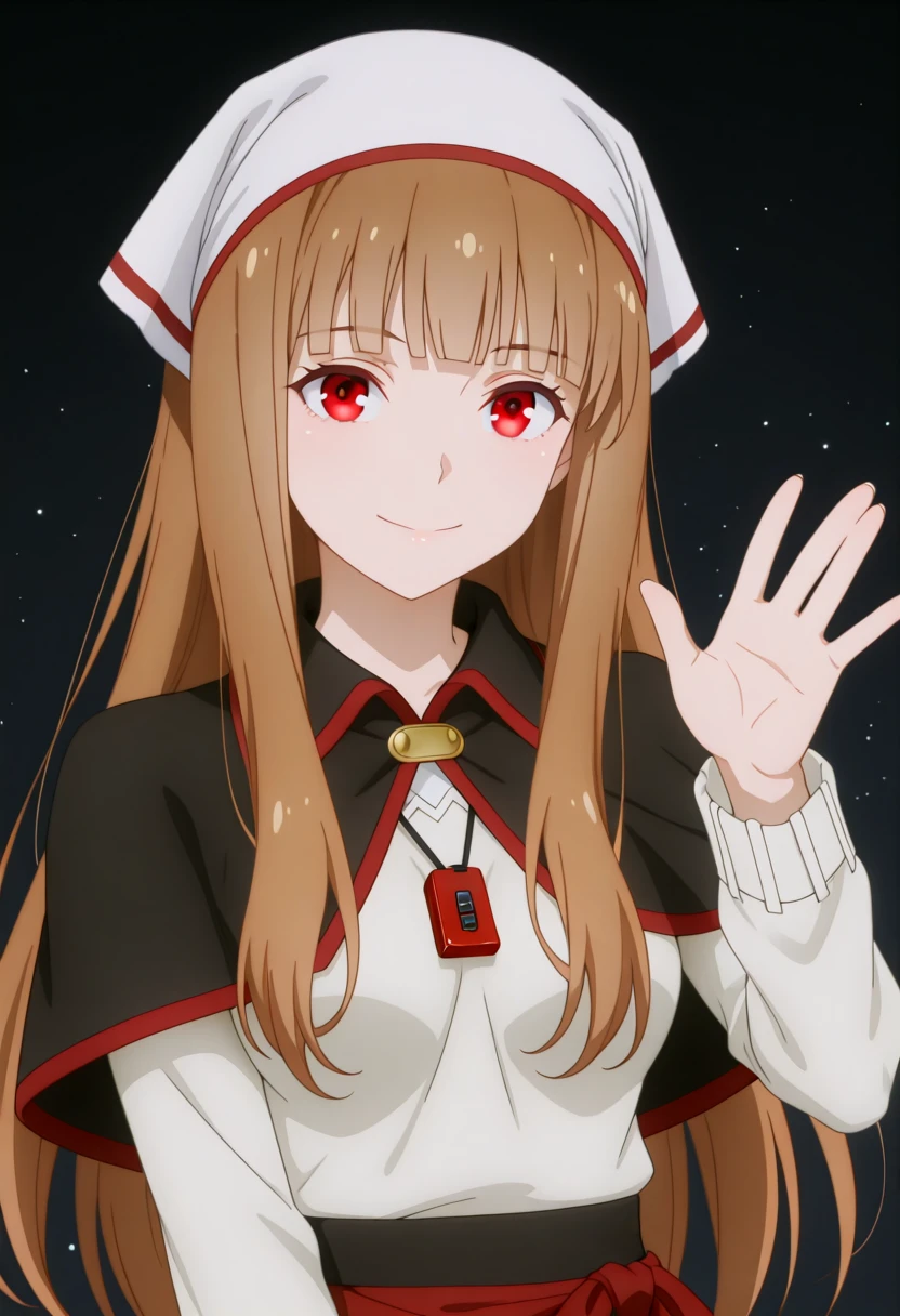 <lora:Gradient_Background:1> Gr_Back, Gradient Background, dark background,(upper body:1.4),female focus, magic light particles, waving at viewer, close up, high detail face,
holooutfit2, 1girl, long brown hair, bangs, red eyes, fox ears, medium , | white headscarf, white long-sleeved shirt, long sleeves, ribbed cuffs, black capelet, short cape, red trim, red button, black long skirt, wide skirt, pants under skirt, red trim, red braided sash
 <lora:Holo_IL:1>,