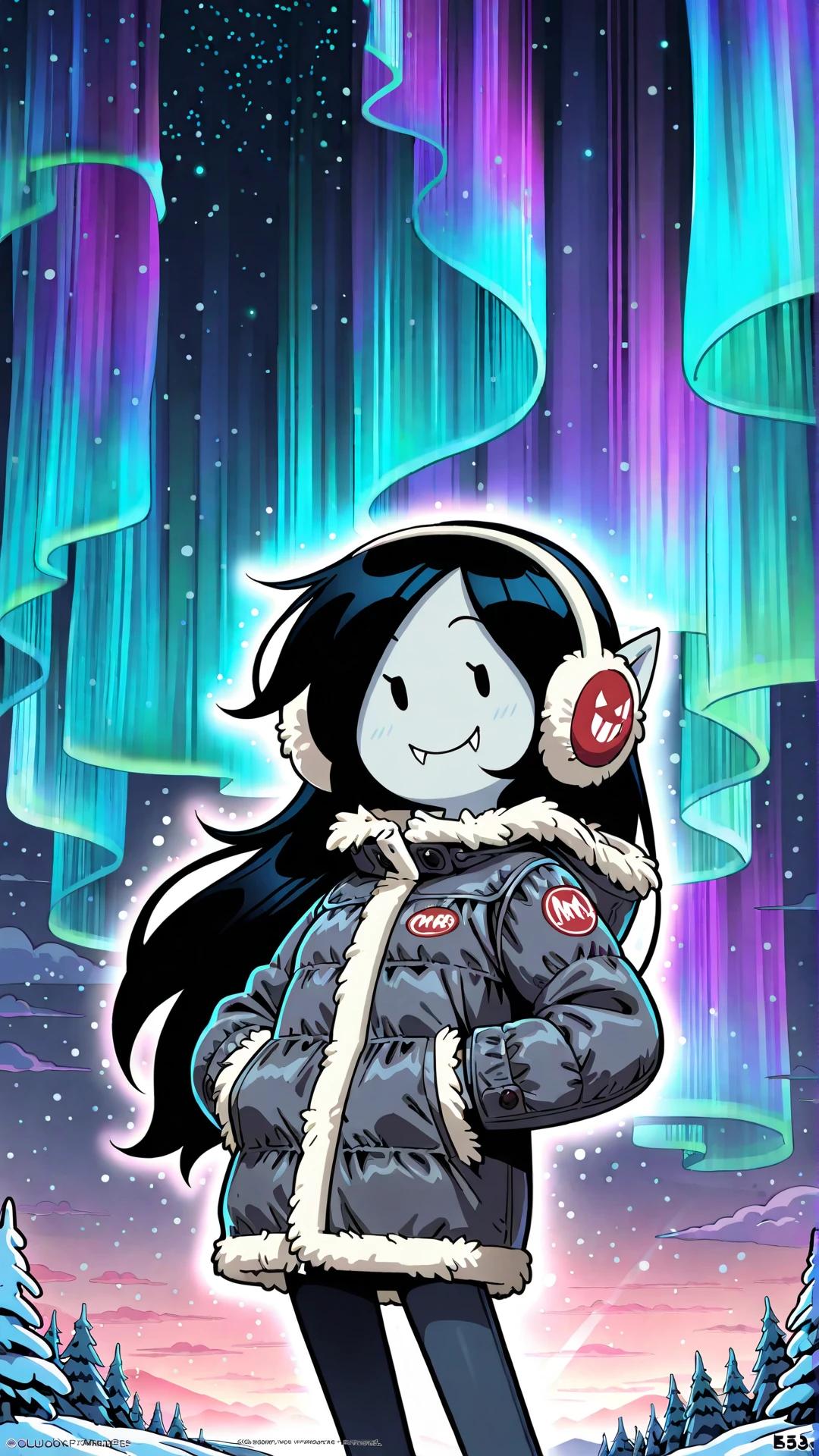 adventuretime_marceline, ((best quality, masterpiece, absurdres)), ((1girl, solo, long hair, black hair, pointy ears, black eyes, solid oval eyes, fangs, grey skin)), ((winter coat, earmuffs, pants)), ((looking at viewer, smile)), ((promotional art, very aesthetic, night time, light particles, volumetric lighting, photoshop, aurora, textless))