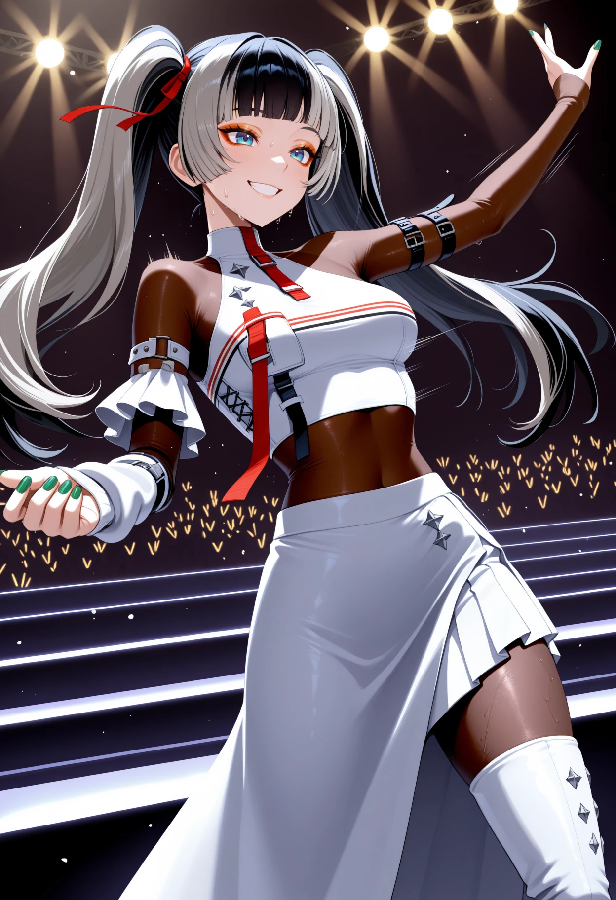 masterpiece, best quality, 1girl, solo, R4denReglss, blue eyes, black hair, grey hair, multicolored hair, long hair, twintails, red ribbon, orange eyeshadow, white crop top, bodystocking, arm belt, single arm warmer, green nails, white skirt, long skirt, side slit, white thigh boots, on stage, stage lights, dancing, motion lines, smile, sweat, audience, happy, <lora:ChamJuufuuteiRadenNoob:1>