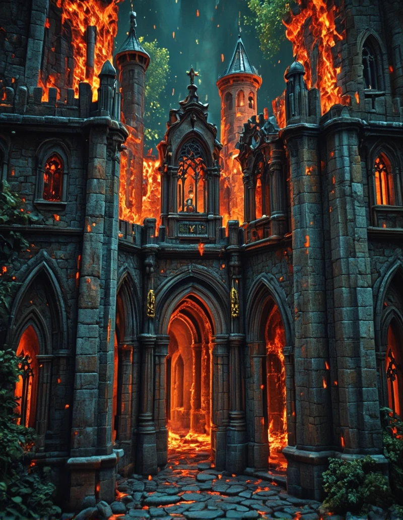 <lora:MW_Minis02flux:1> m1md, absurdres, arch, arches, blue, bokeh, brown, closeup, columns, epic, epic details, epic scale, fire veins, furious, green, hid15, lava color, medieval buildings, orange, outdoors, shiny diamonds, street, t10, t7, trees
