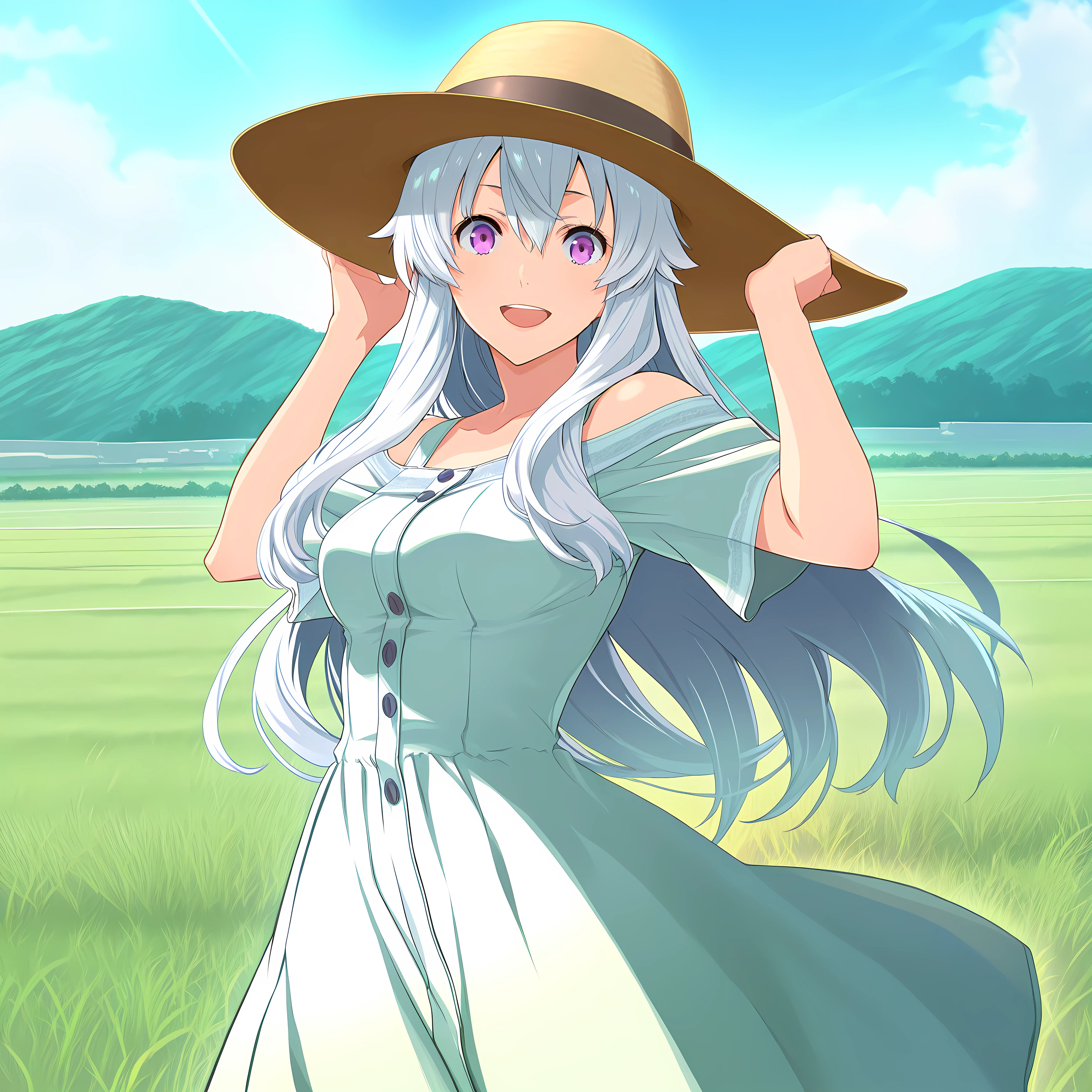 katsumi_enami_style, 1girl, white hair, long hair, purple eyes, casual dress, holding hat, hat on head, medium breasts, looking at viewer, smile, open mouth, green field background, cloud,
<lora:XL-KatsumiEnamiStyle-ILXL:1>, (masterpiece),(best quality),(ultra-detailed),(best illustration),(best shadow),(absurdres),(detailed background),(very aesthetic),